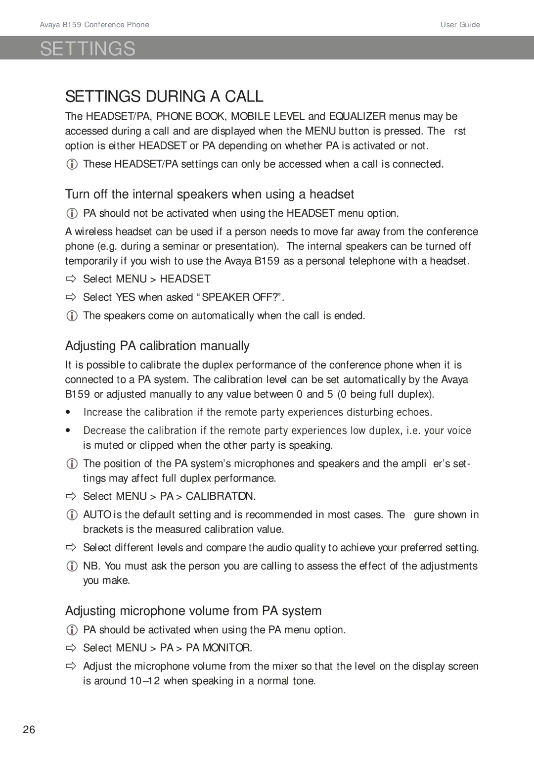 Avaya B159 Settings during a call, Turn off the internal speakers when using a headset, Adjusting PA calibration manually 
