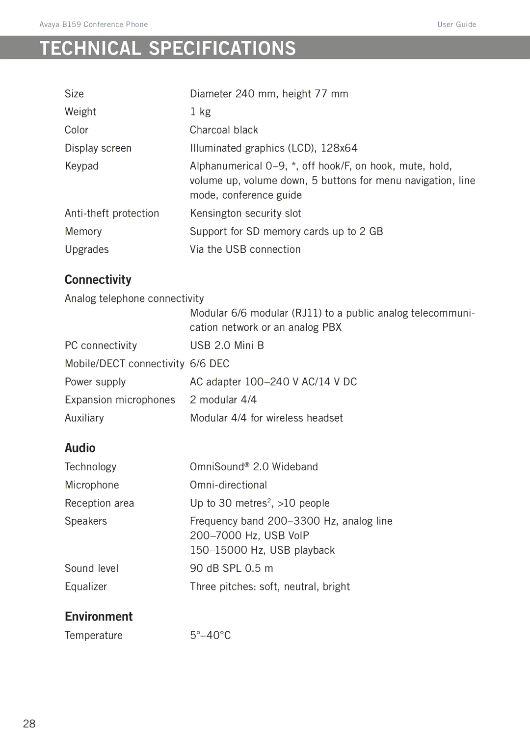 Avaya B159 manual Technical specifications, Connectivity, Audio, Environment, Temperature5-40C 