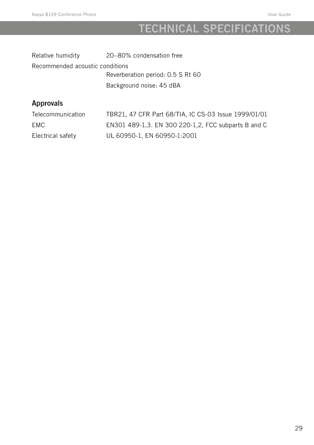 Avaya B159 manual Technical specifications, Approvals, EN301 489-1,3. EN 300 220-1,2, FCC subparts B and C 