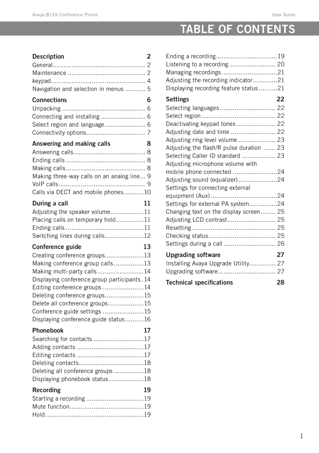 Avaya B159 manual Table of contents 