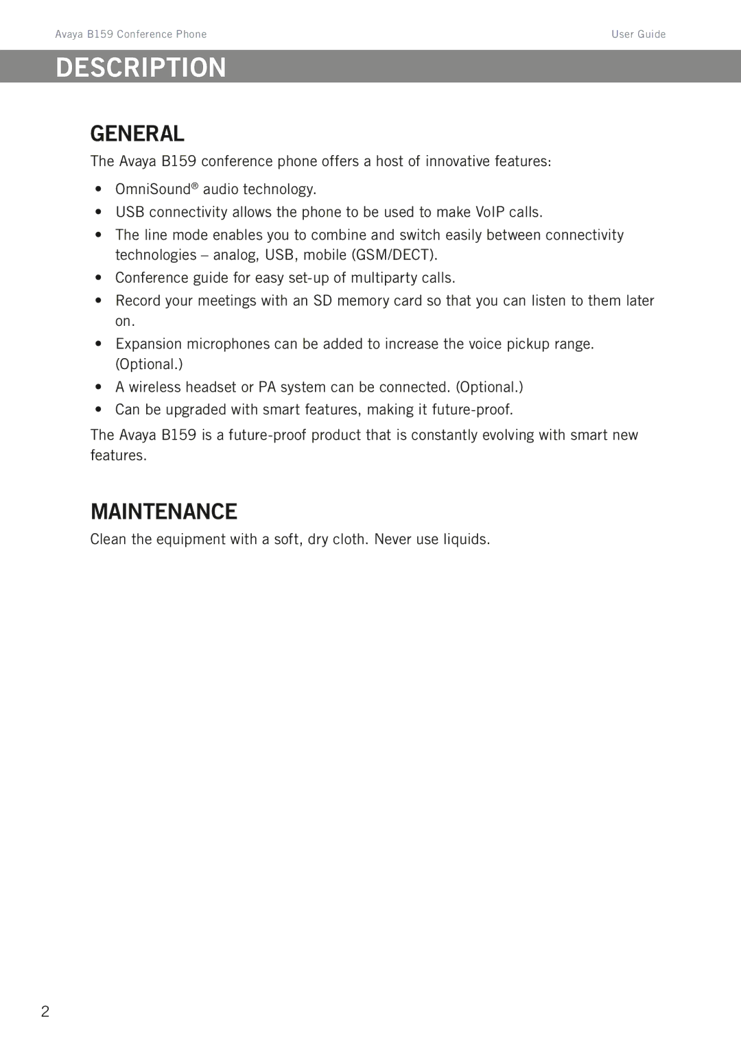 Avaya B159 manual Description, General, Maintenance 