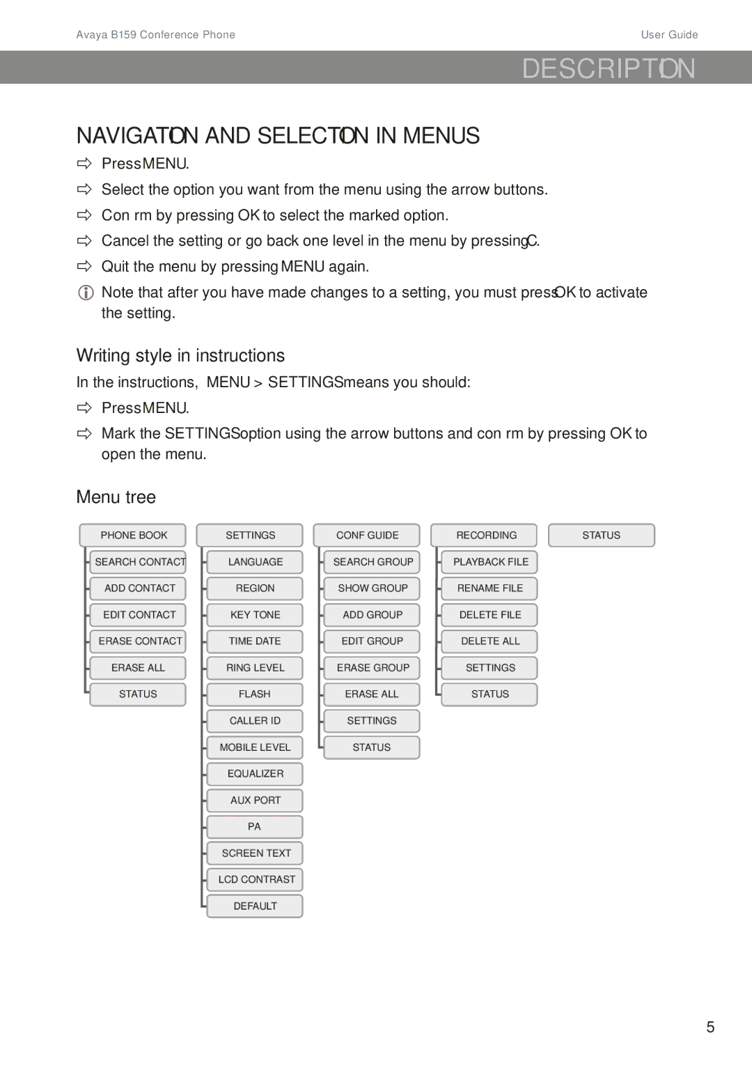 Avaya B159 manual Navigation and selection in menus, Writing style in instructions, Menu tree 