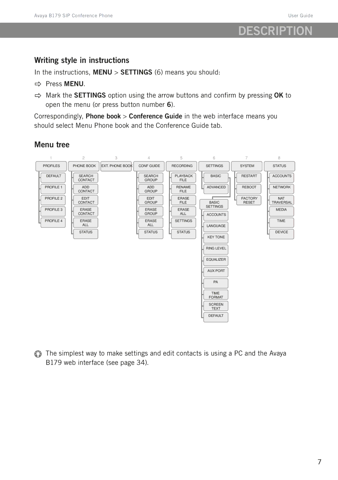 Avaya B179 manual Writing style in instructions, Menu tree 