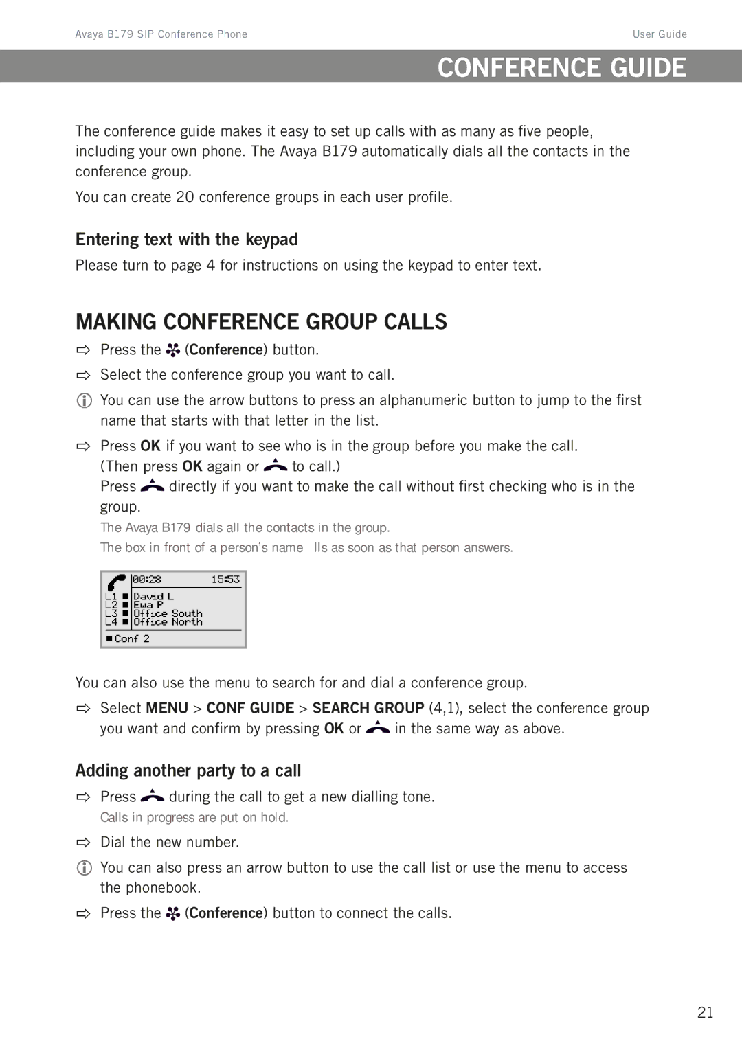 Avaya B179 manual Conference guide, Entering text with the keypad, Adding another party to a call 