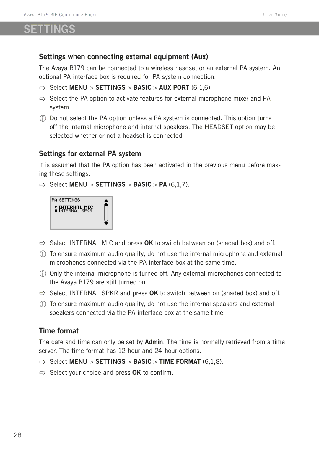 Avaya B179 manual Settings when connecting external equipment Aux, Settings for external PA system, Time format 