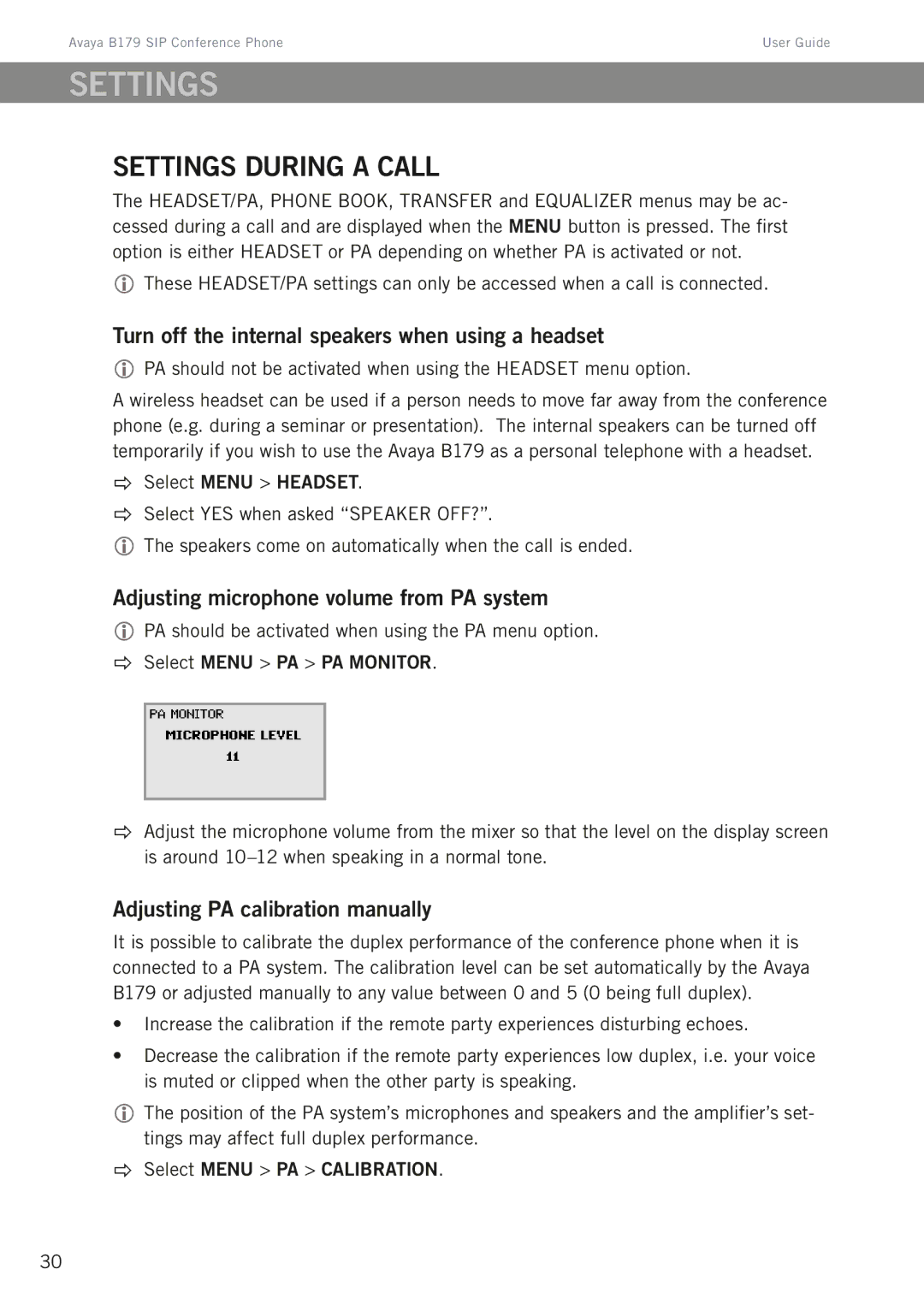 Avaya B179 Settings during a call, Turn off the internal speakers when using a headset, Adjusting PA calibration manually 