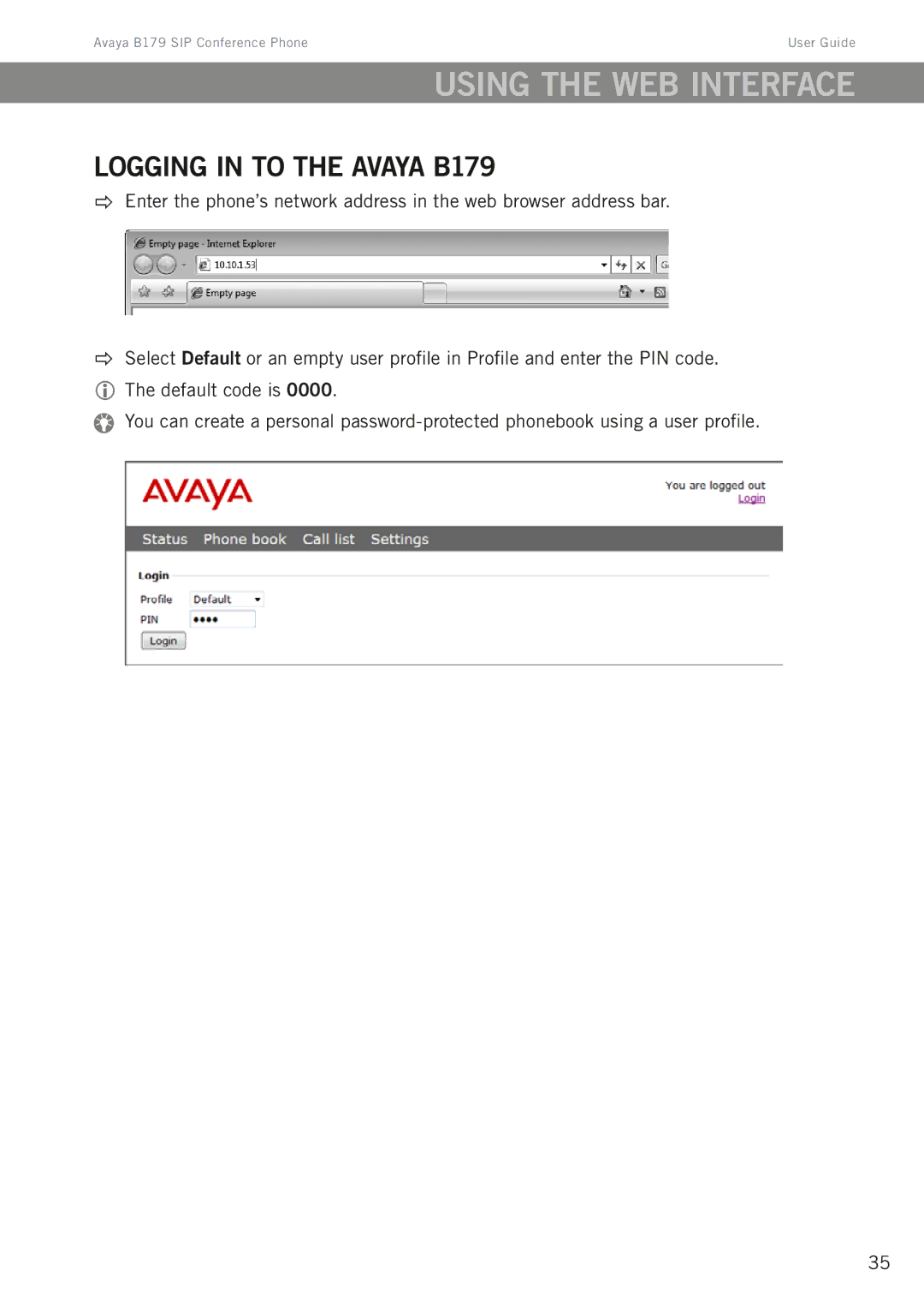 Avaya manual Using the web interface, Logging in to the Avaya B179 