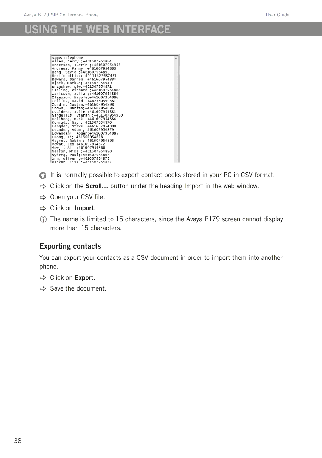 Avaya B179 manual Exporting contacts 