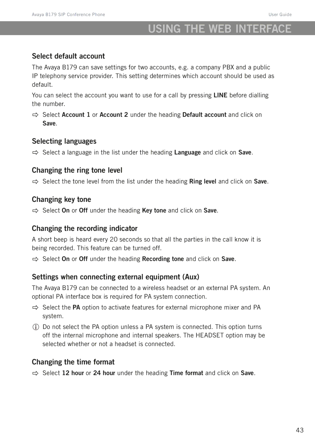 Avaya B179 Changing the ring tone level, Changing key tone, Changing the recording indicator, Changing the time format 