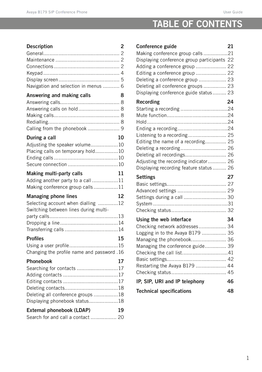 Avaya B179 manual Table of contents 