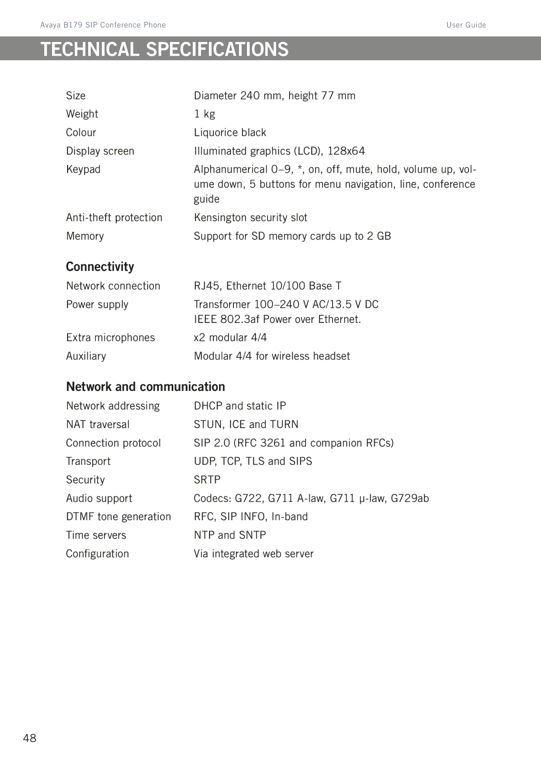 Avaya B179 manual Technical specifications, Connectivity, Network and communication 