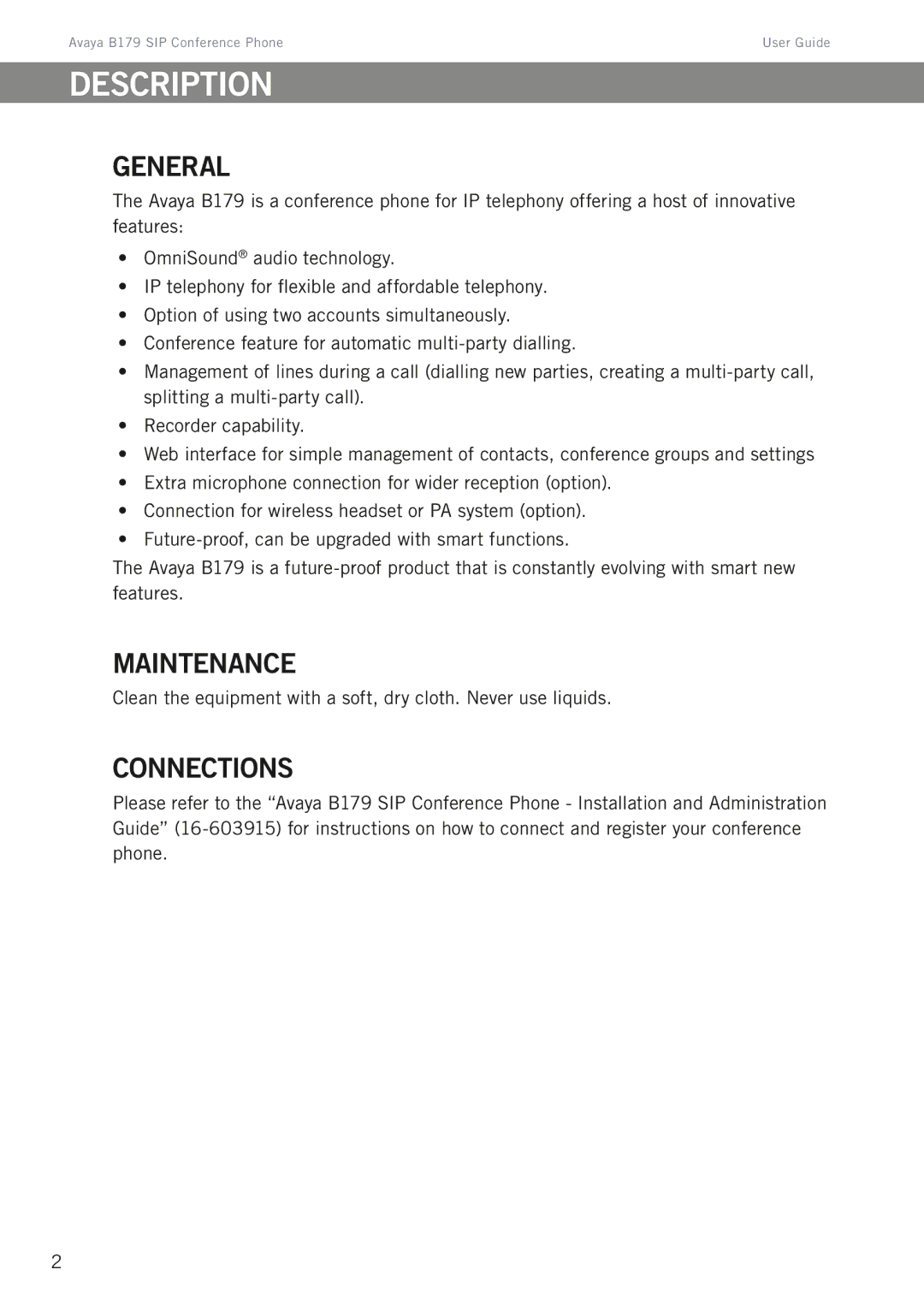 Avaya B179 manual Description, General, Maintenance, Connections 