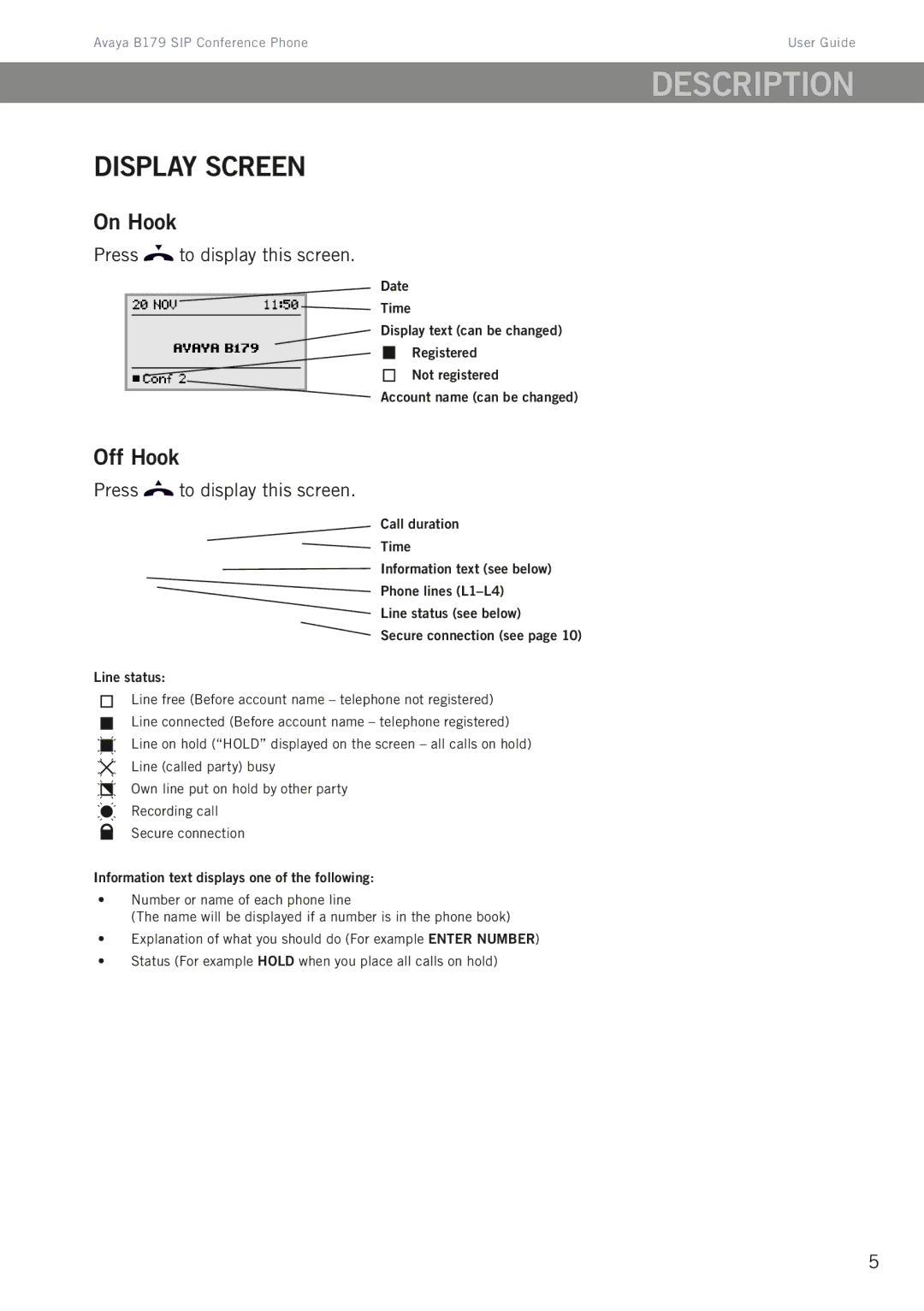 Avaya B179 manual Display screen, On Hook, Off Hook, Press to display this screen 