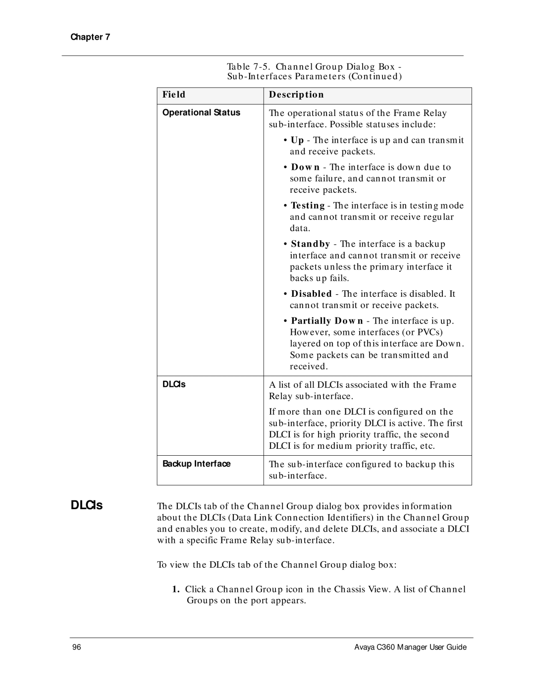 Avaya C360 manual DLCIs, Channel Group Dialog Box Sub-Interfaces Parameters 