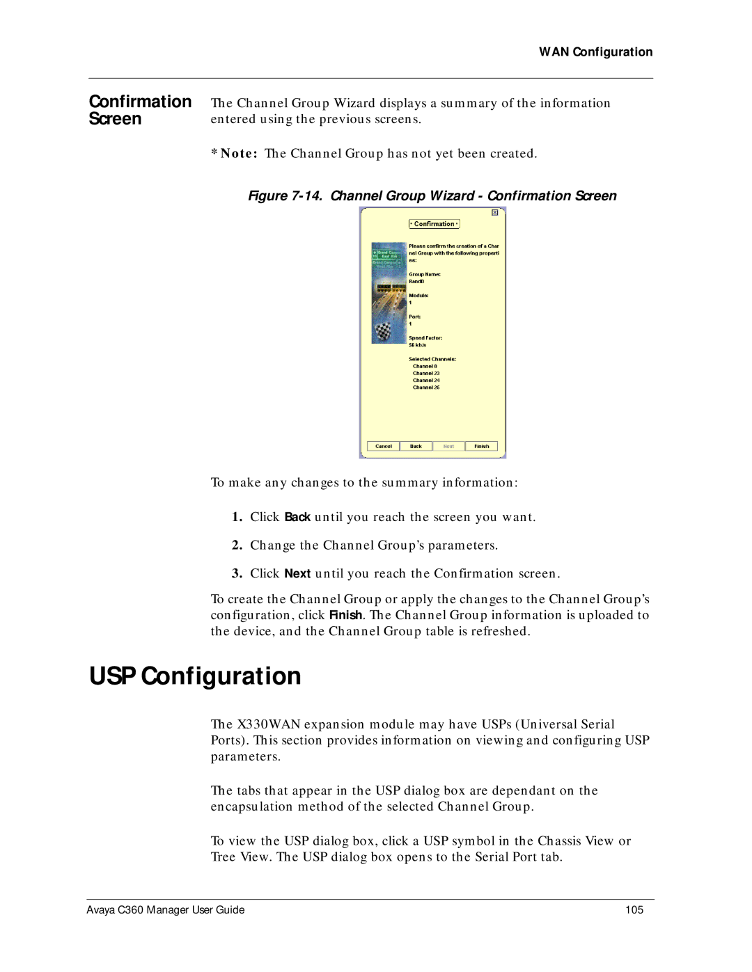 Avaya C360 manual USP Configuration, Channel Group Wizard Confirmation Screen 