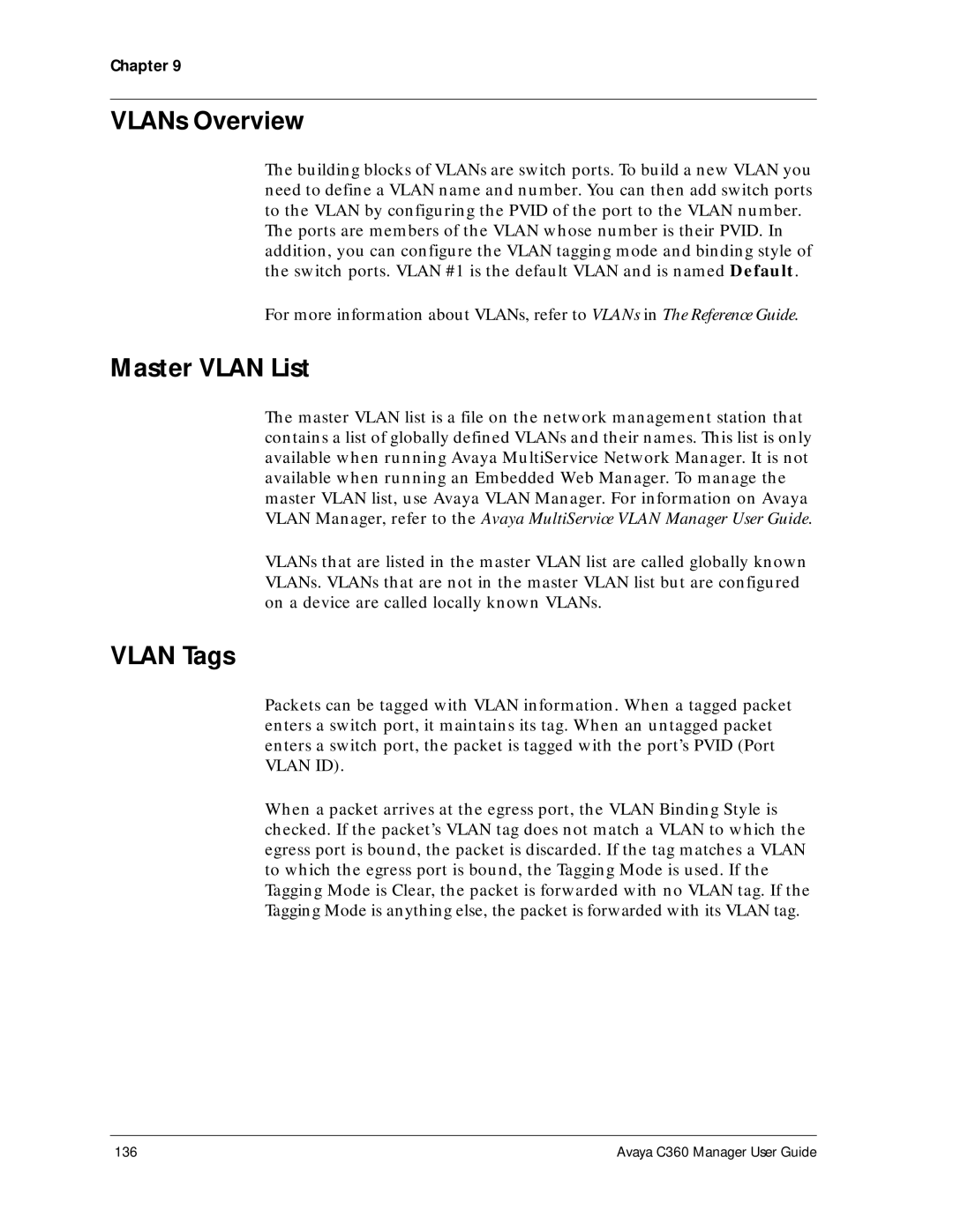 Avaya C360 manual VLANs Overview, Master Vlan List, Vlan Tags 