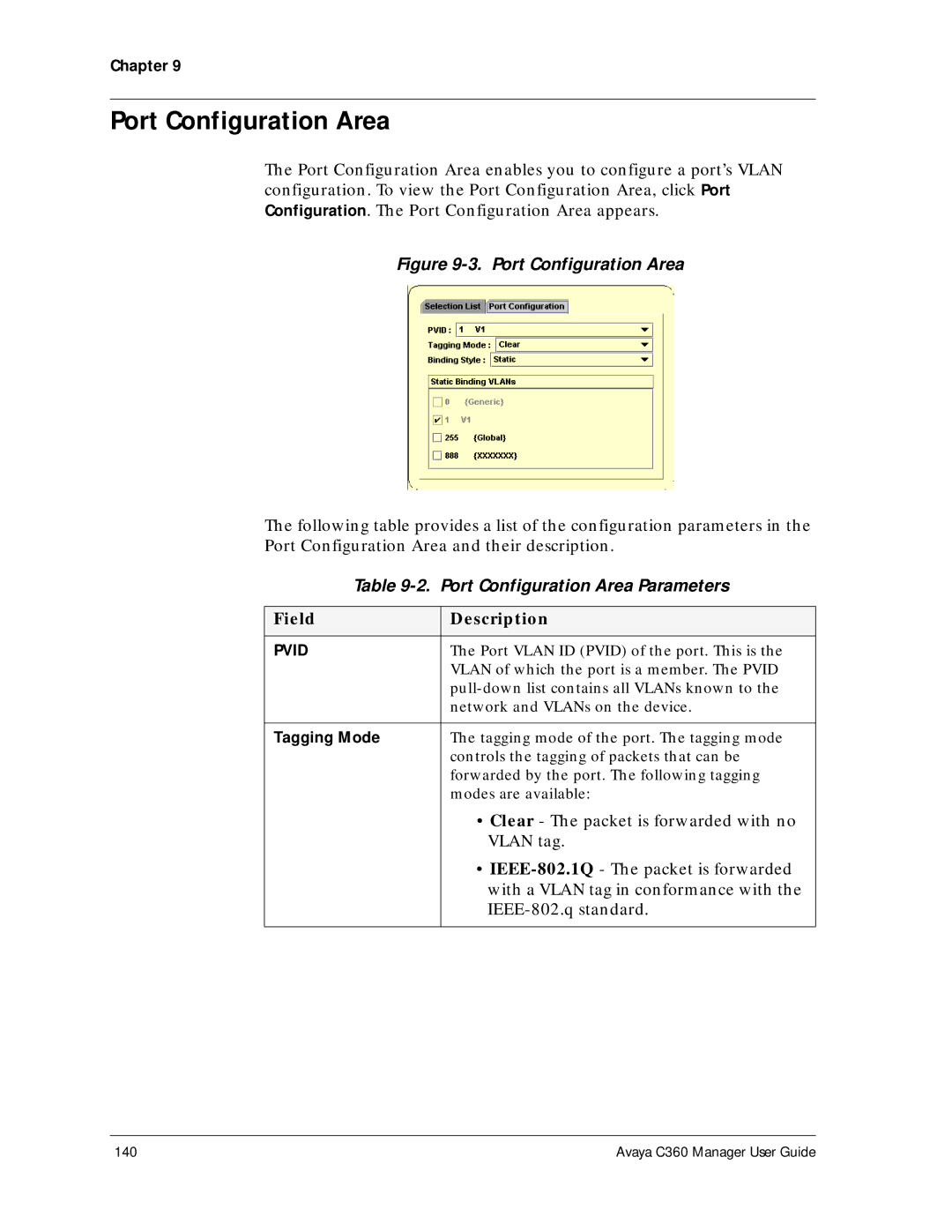 Avaya C360 manual Port Configuration Area Parameters 