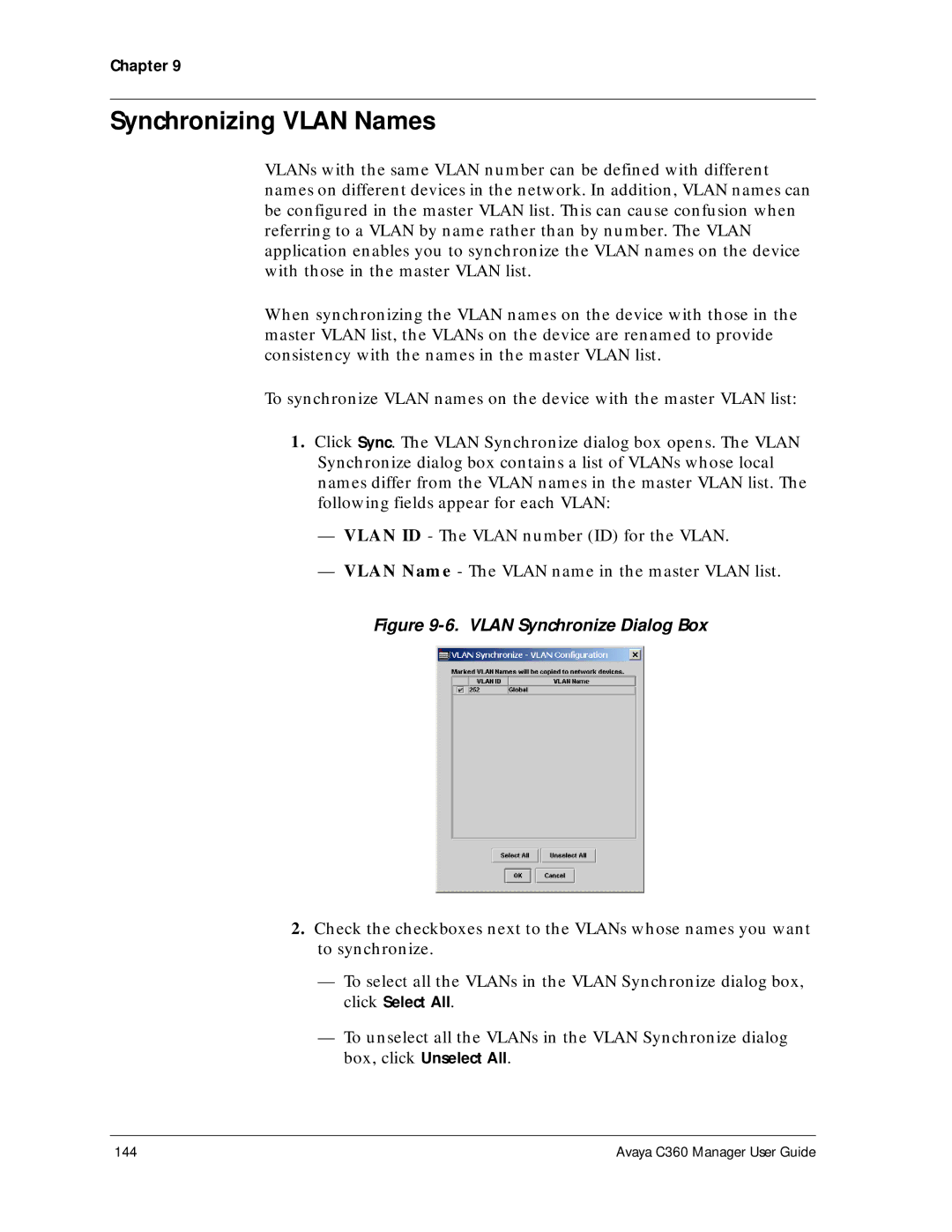 Avaya C360 manual Synchronizing Vlan Names, Vlan Synchronize Dialog Box 