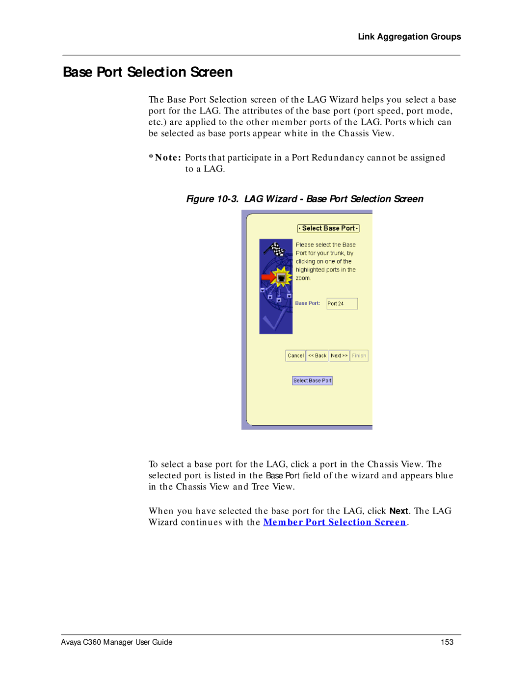 Avaya C360 manual LAG Wizard Base Port Selection Screen 
