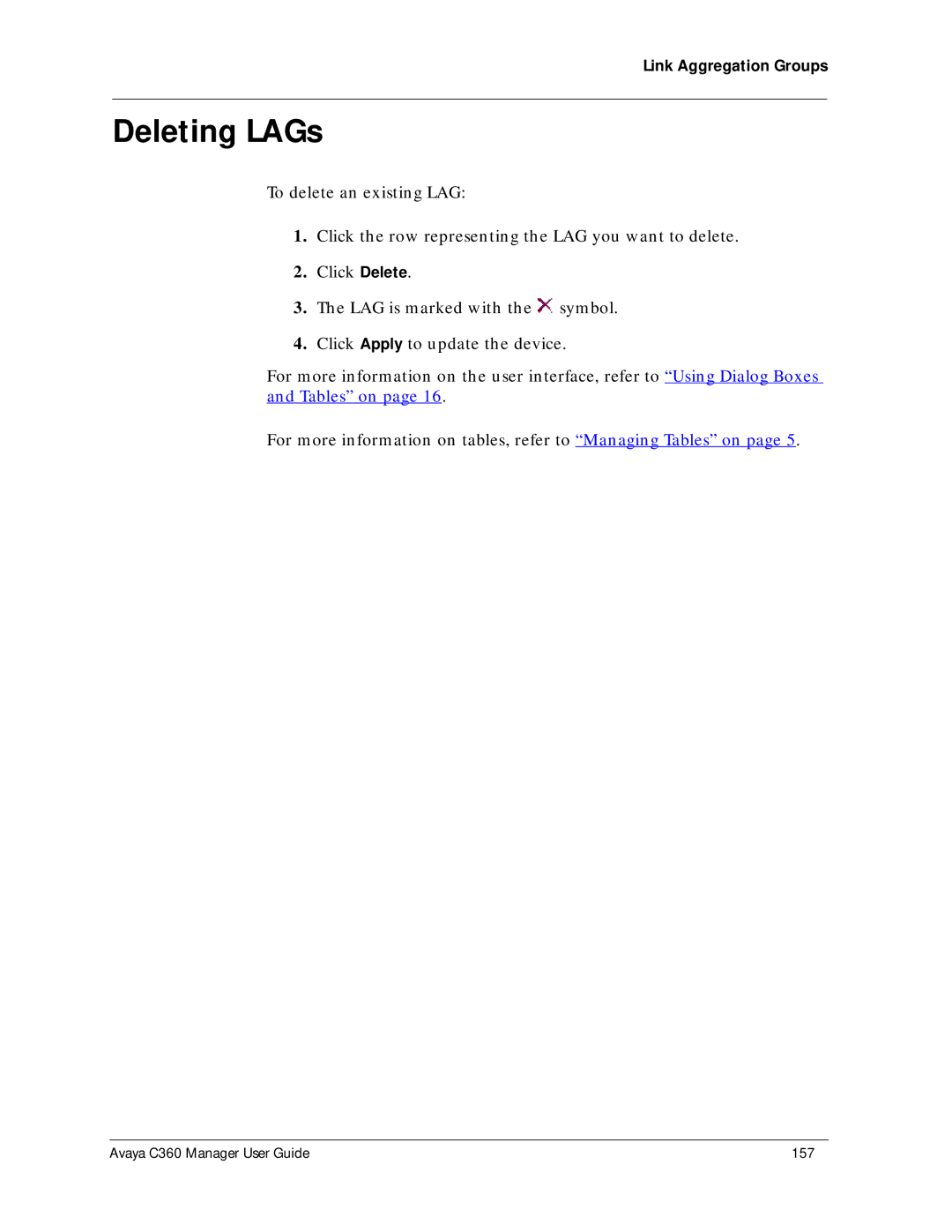 Avaya C360 manual Deleting LAGs 