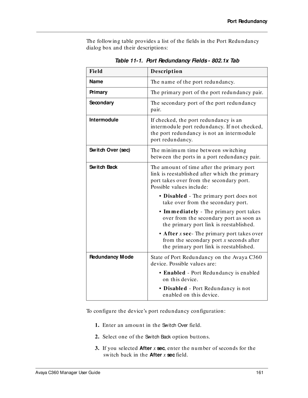 Avaya C360 manual Port Redundancy Fields 802.1x Tab, Field Description 