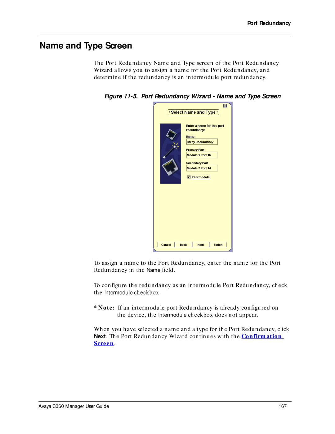 Avaya C360 manual Port Redundancy Wizard Name and Type Screen 