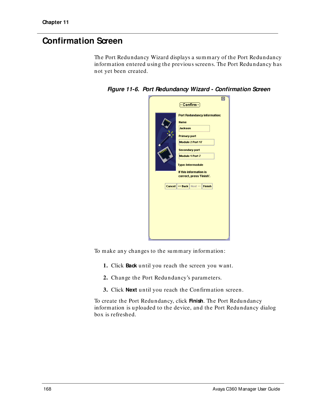 Avaya C360 manual Port Redundancy Wizard Confirmation Screen 
