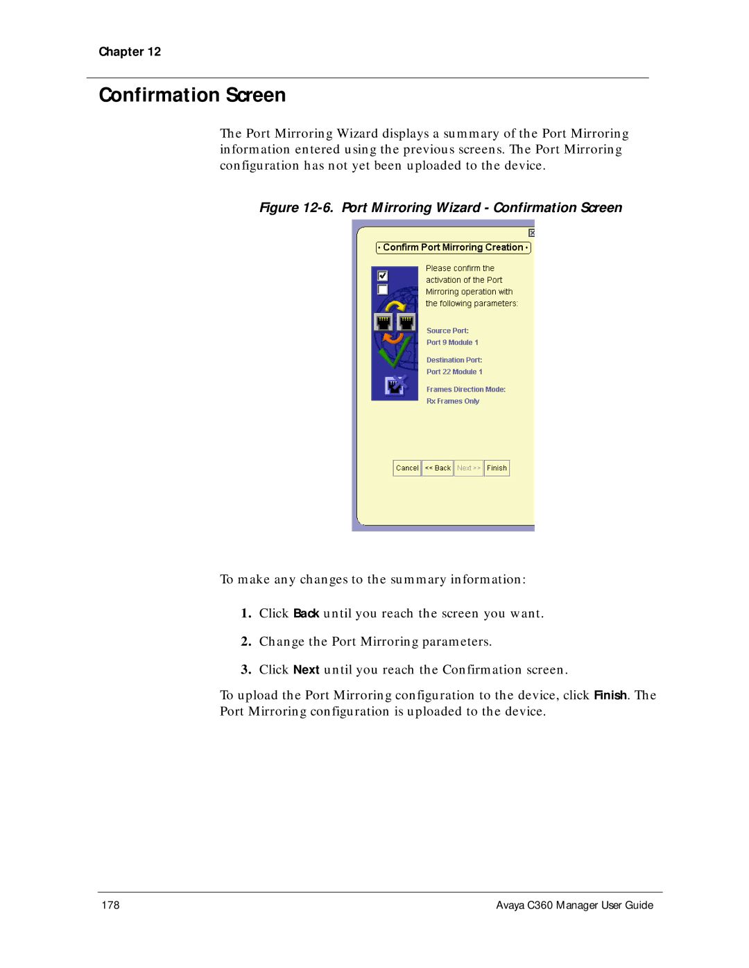 Avaya C360 manual Port Mirroring Wizard Confirmation Screen 