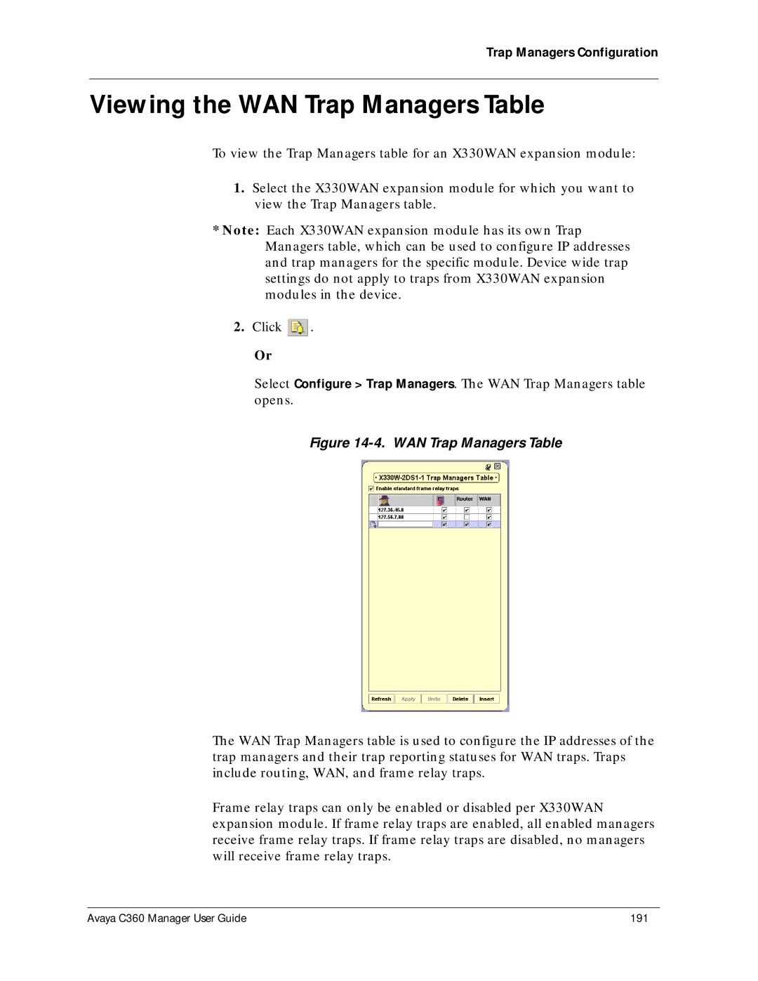 Avaya C360 manual Viewing the WAN Trap Managers Table 