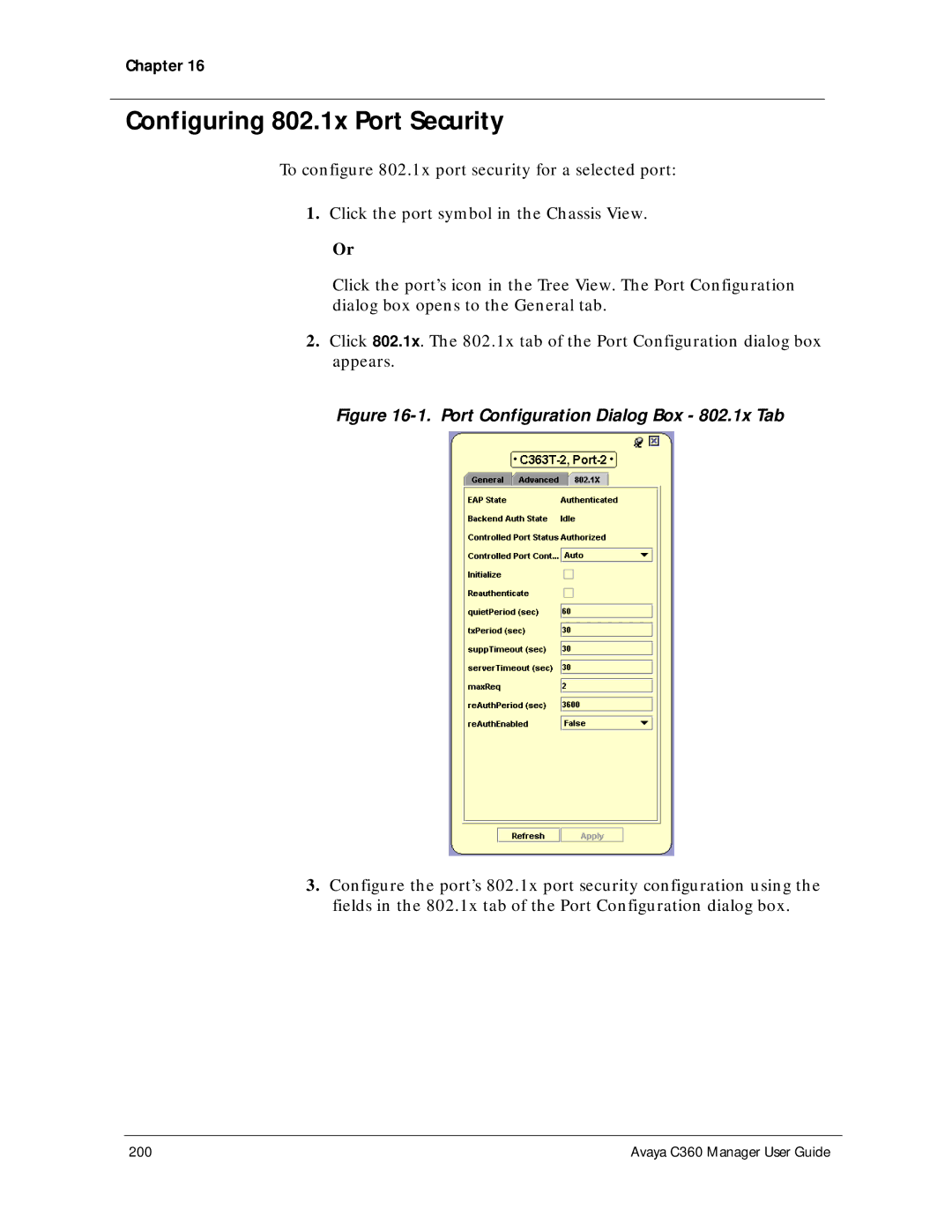 Avaya C360 manual Configuring 802.1x Port Security, Port Configuration Dialog Box 802.1x Tab 