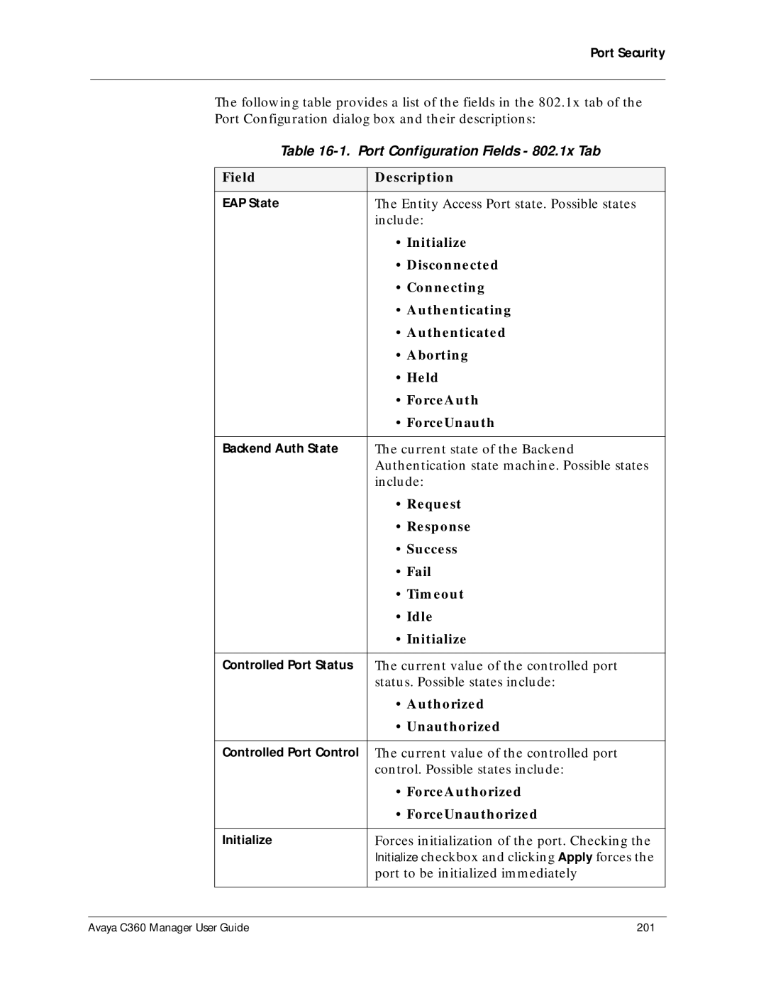 Avaya C360 manual Port Configuration Fields 802.1x Tab 