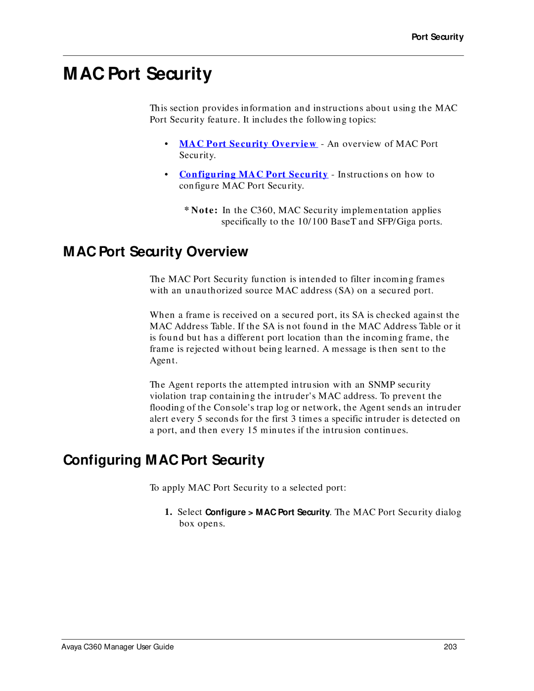 Avaya C360 manual MAC Port Security Overview, Configuring MAC Port Security 