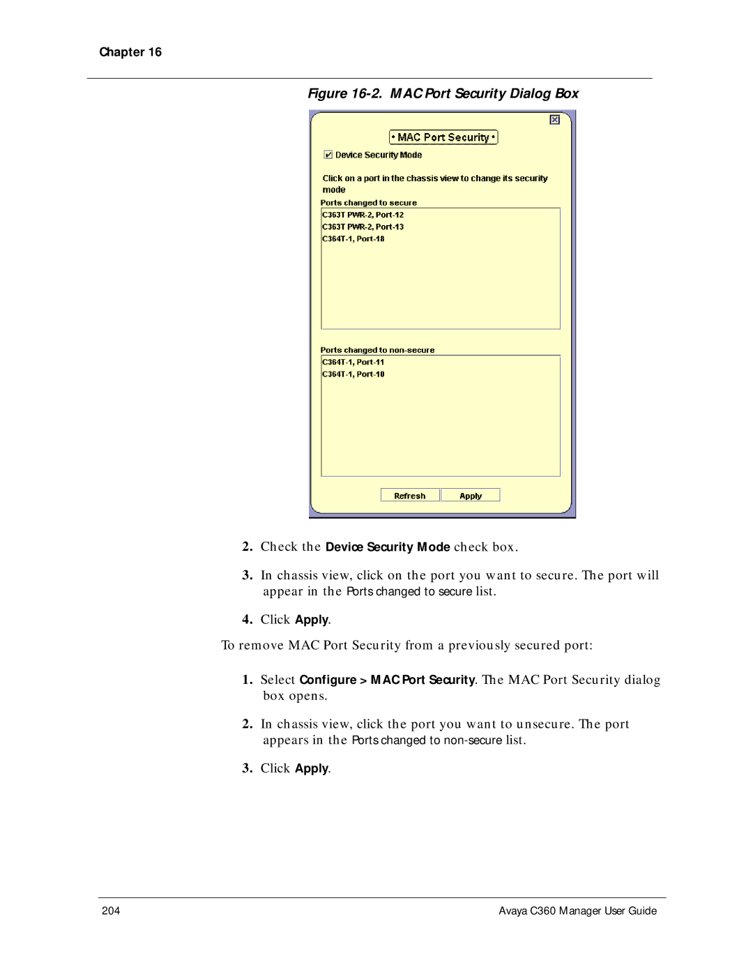 Avaya C360 manual MAC Port Security Dialog Box 