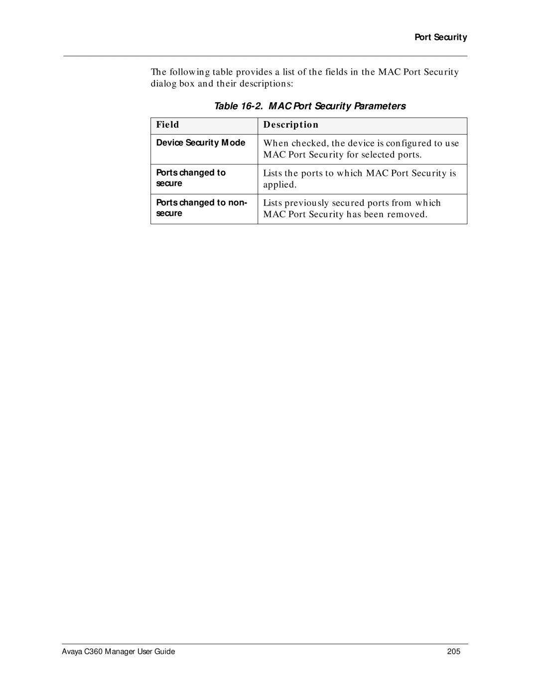 Avaya C360 manual MAC Port Security Parameters, Field Description 