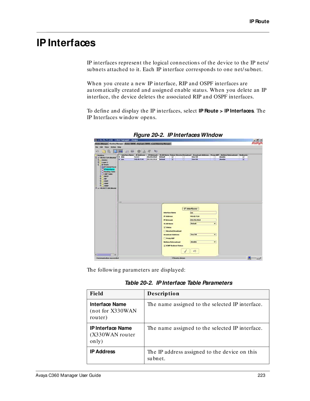 Avaya C360 manual IP Interfaces, IP Interface Table Parameters 