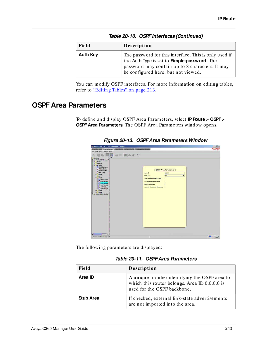 Avaya C360 manual Ospf Area Parameters 