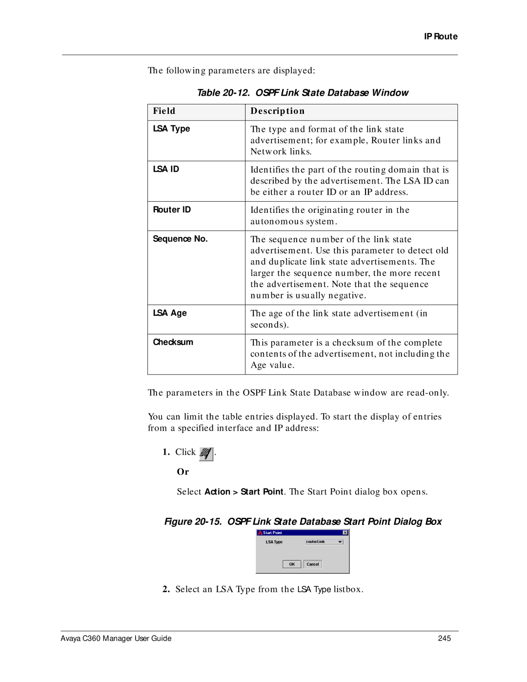 Avaya C360 manual Ospf Link State Database Window, Ospf Link State Database Start Point Dialog Box 