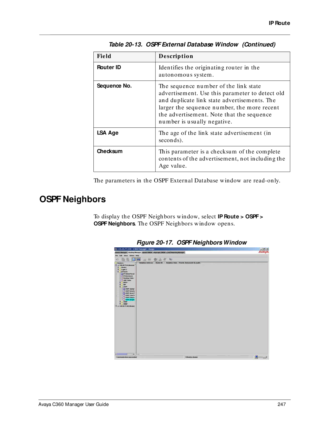 Avaya C360 manual Ospf Neighbors Window 