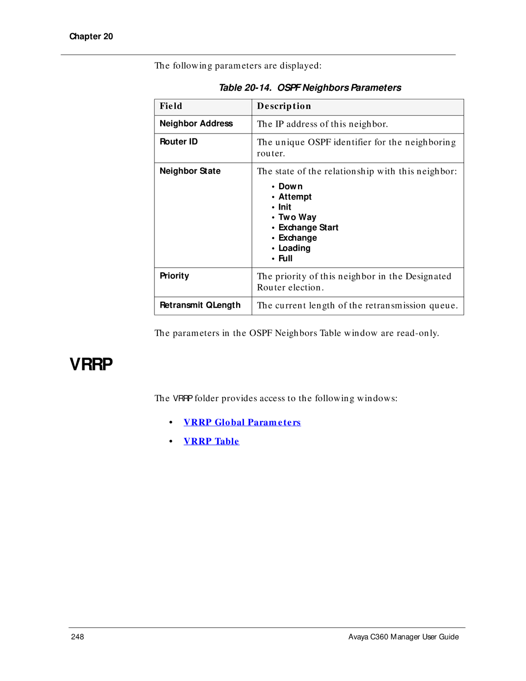 Avaya C360 manual Ospf Neighbors Parameters 