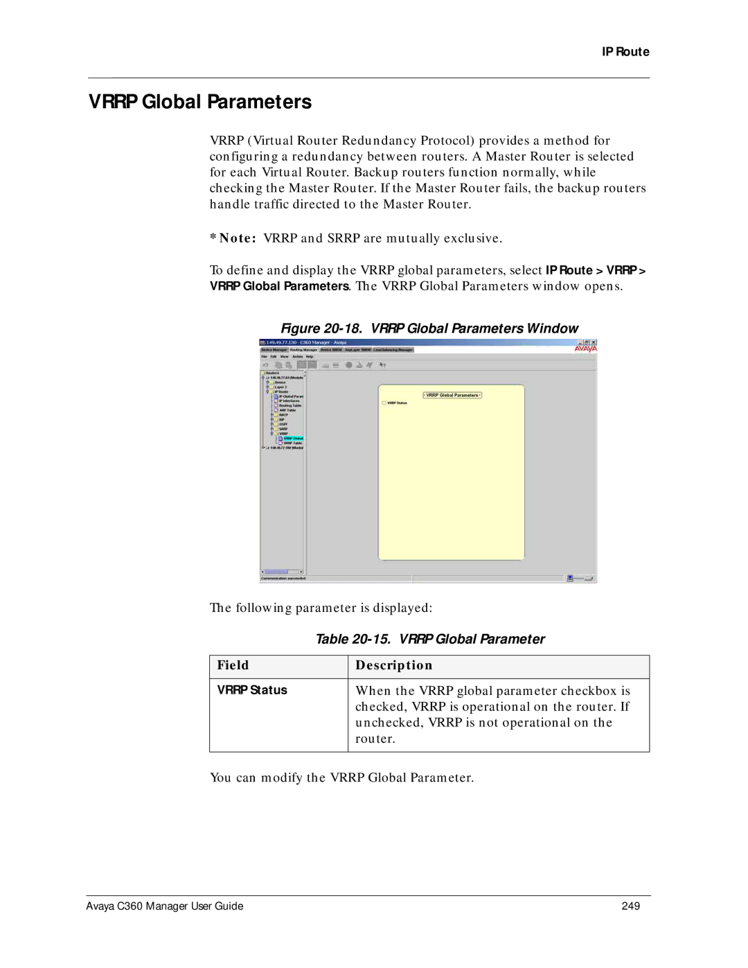 Avaya C360 manual Vrrp Global Parameters 