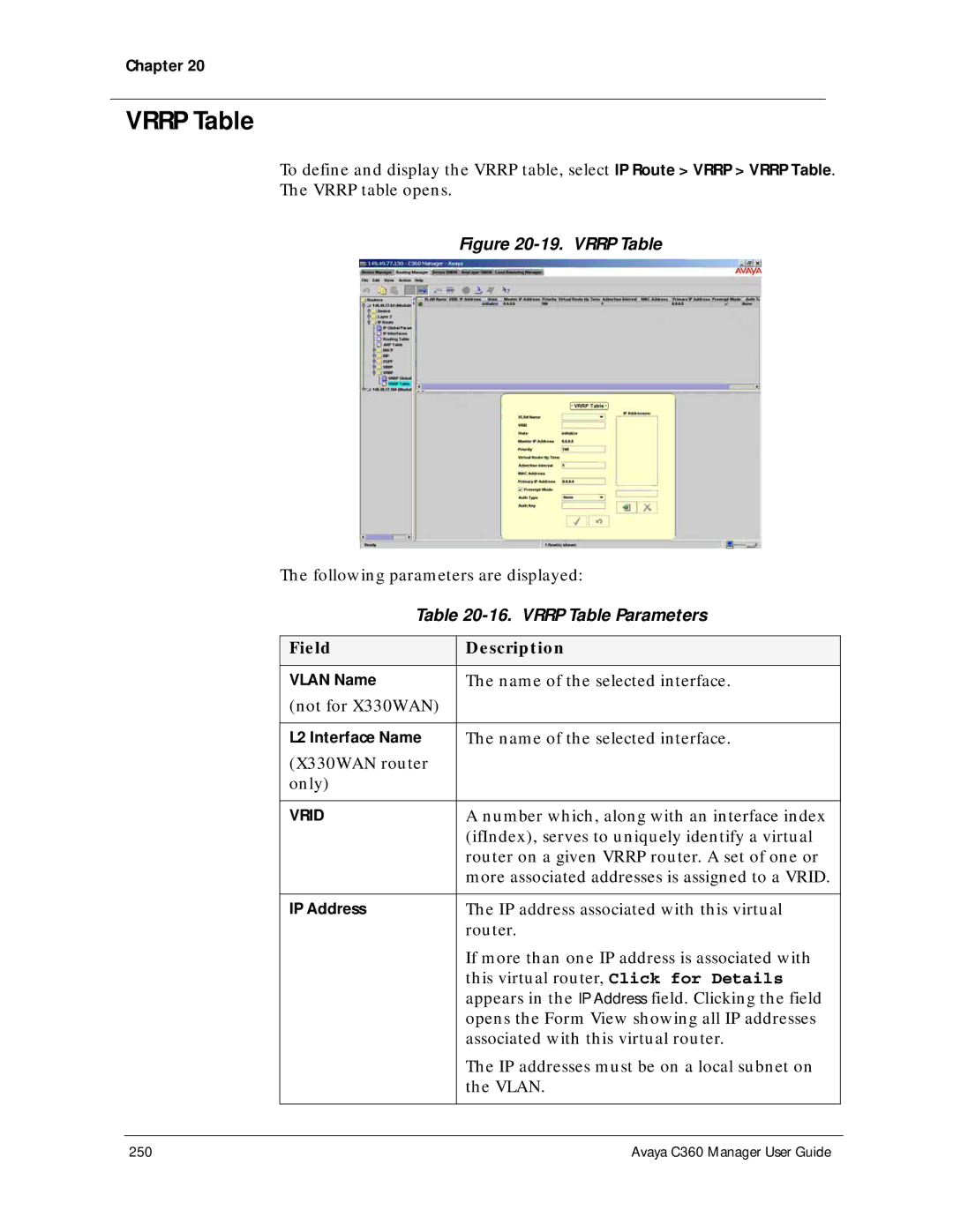 Avaya C360 manual Vrrp Table Parameters 