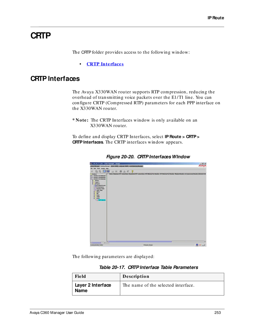 Avaya C360 manual Crtp Interfaces, Crtp Interface Table Parameters, Name of the selected interface 