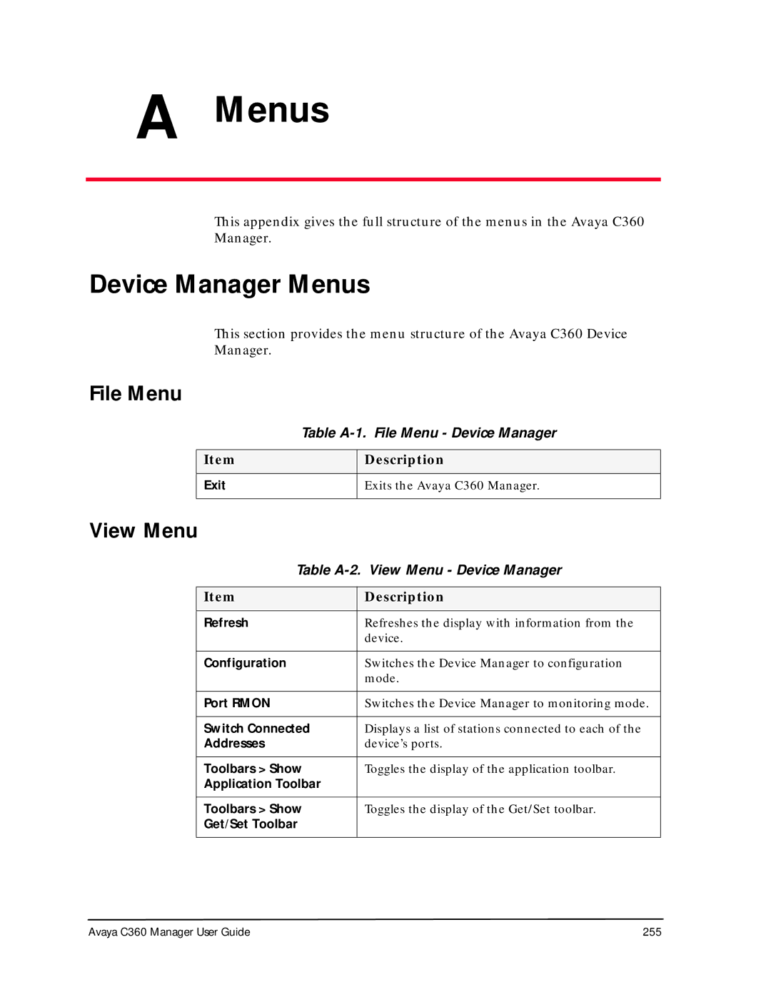 Avaya C360 manual Device Manager Menus, Table A-1. File Menu Device Manager, Table A-2. View Menu Device Manager 