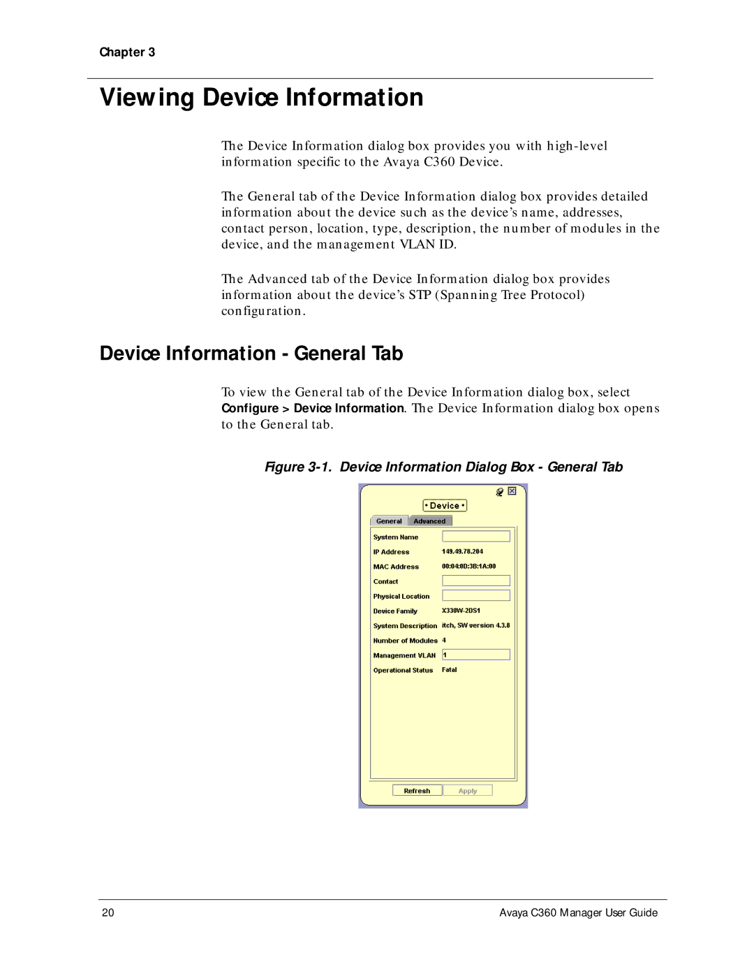 Avaya C360 manual Viewing Device Information, Device Information General Tab 