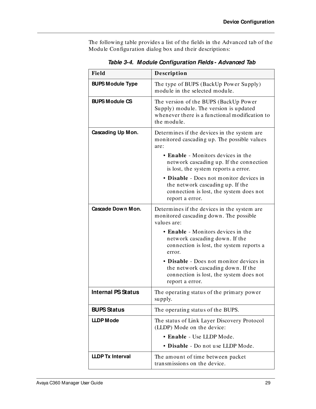 Avaya C360 manual Module Configuration Fields Advanced Tab, Bups Status 