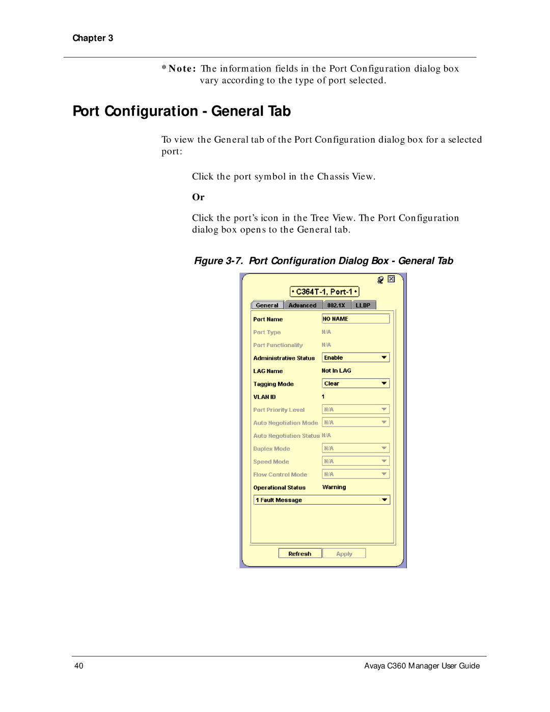 Avaya C360 manual Port Configuration General Tab, Port Configuration Dialog Box General Tab 