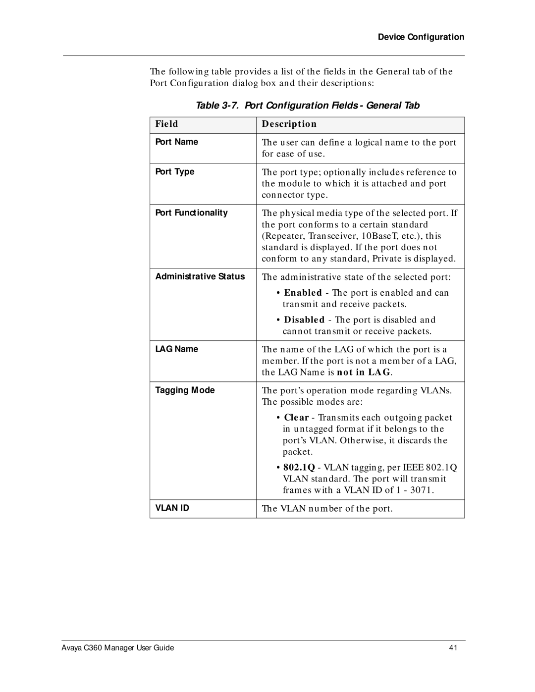 Avaya C360 manual Port Configuration Fields General Tab 