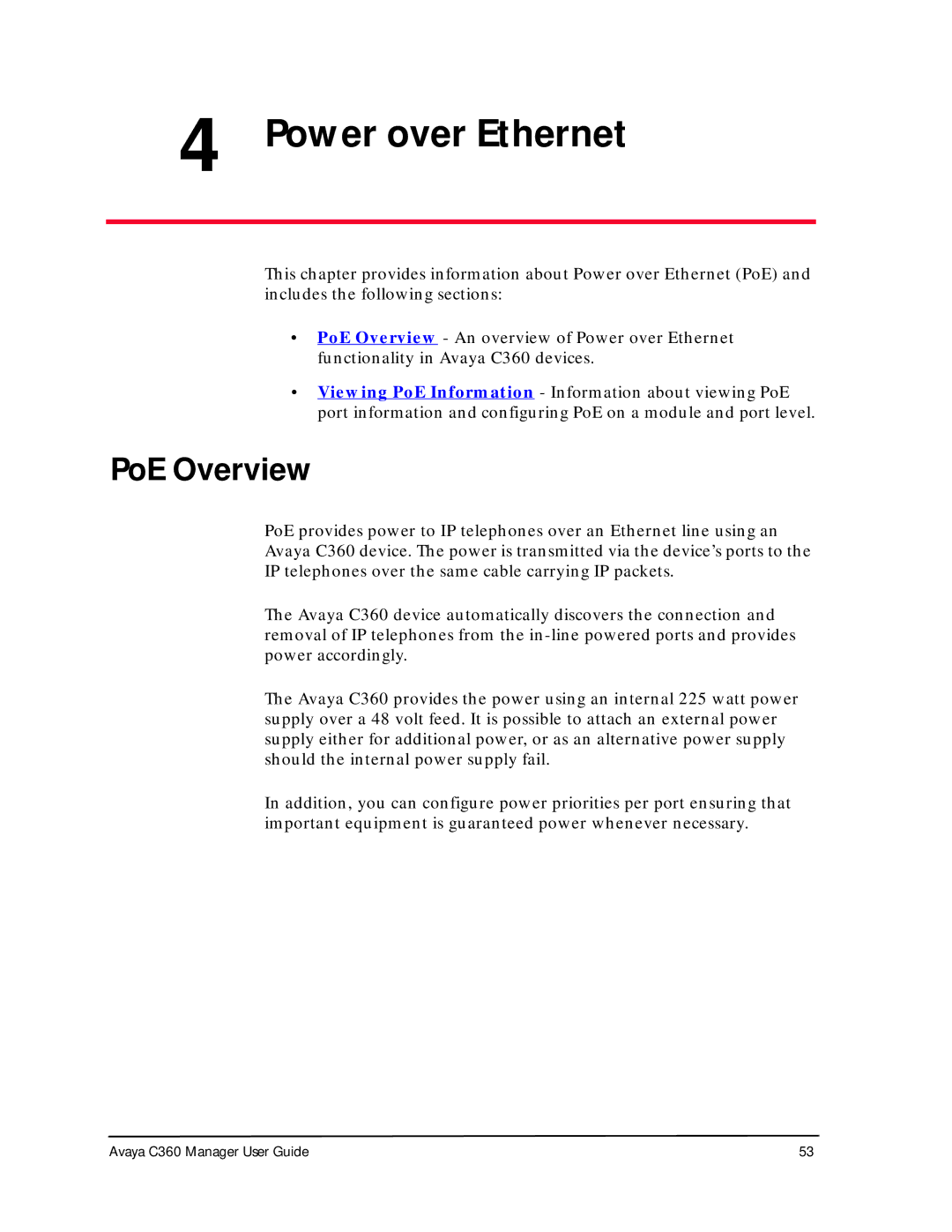 Avaya C360 manual Power over Ethernet, PoE Overview 