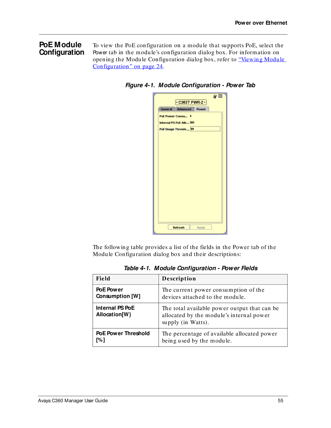 Avaya C360 manual Module Configuration Power Tab, Module Configuration Power Fields 