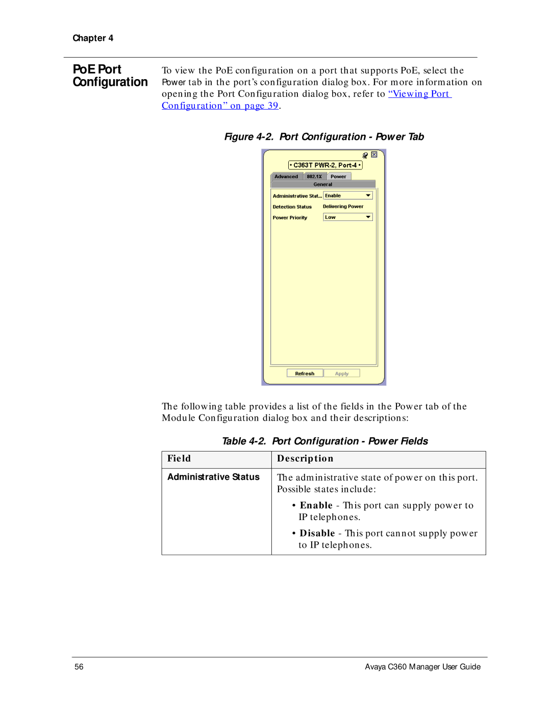 Avaya C360 manual Port Configuration Power Tab, Port Configuration Power Fields 